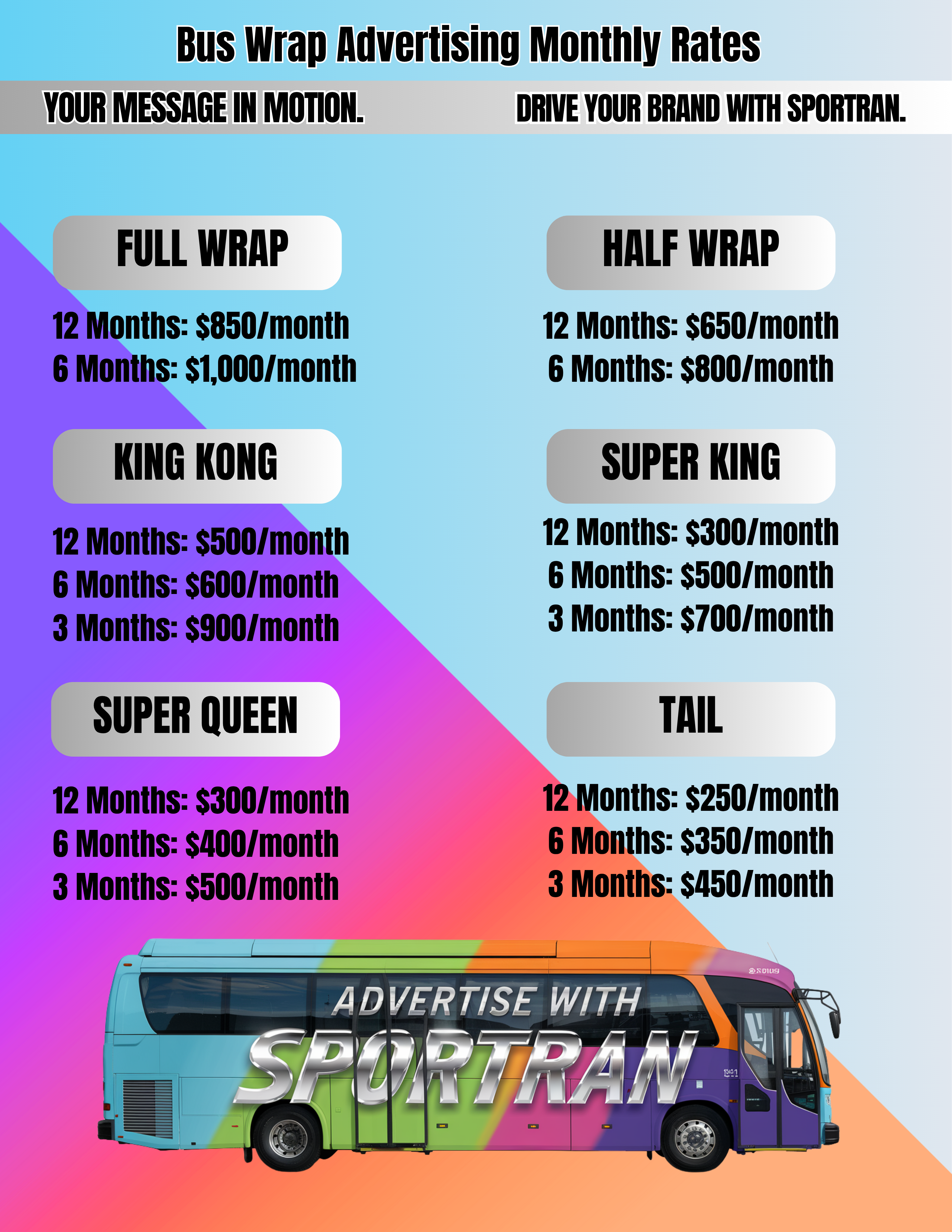 BUS WRAP ADVERTISING MONTHLY RATES